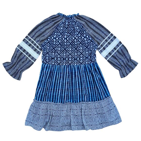 Tier Patchwork Dress Susan Tunic Hemant & Nandita Anthro Size S Blue Ruffle Lace - Picture 9 of 10